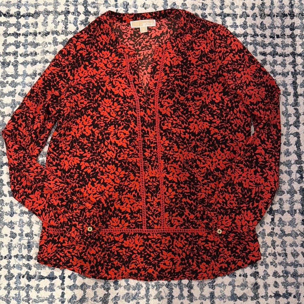 Michael Kors Red and Black Leaf Print Blouse